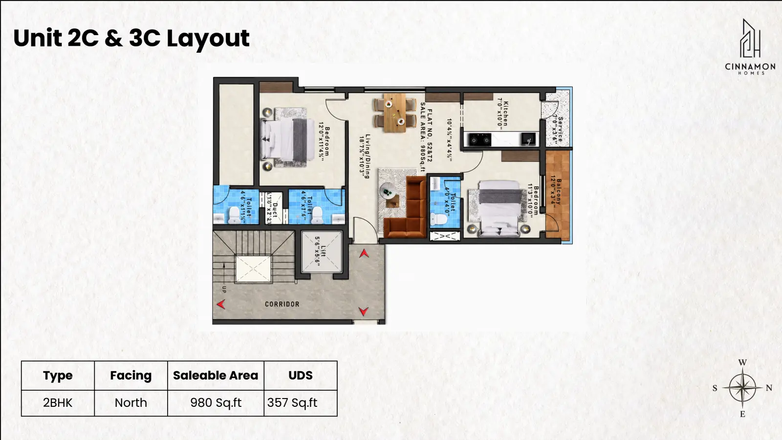 Unit 2C & 3C — 2 BHK floor plan — Bloom