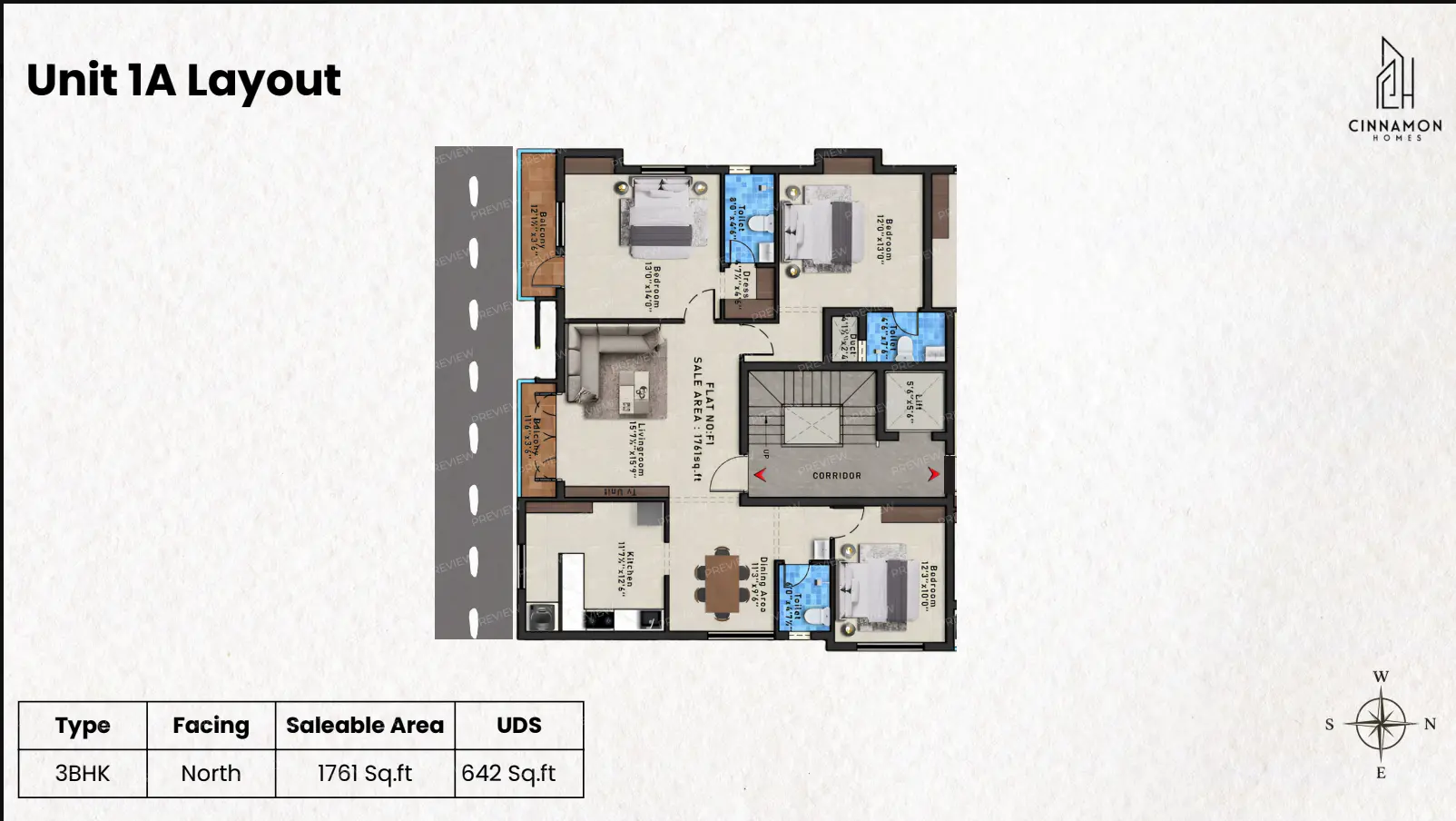 Unit 1A — 3 BHK floor plan — Breeze
