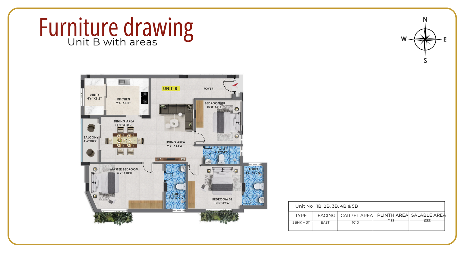 Unit B — 3 BHK + 3T floor plan — Blossom