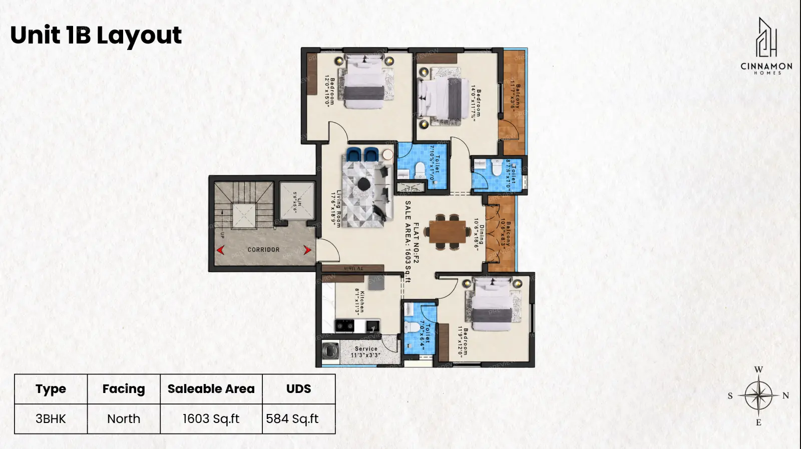 Unit 1B — 3 BHK floor plan — Bloom