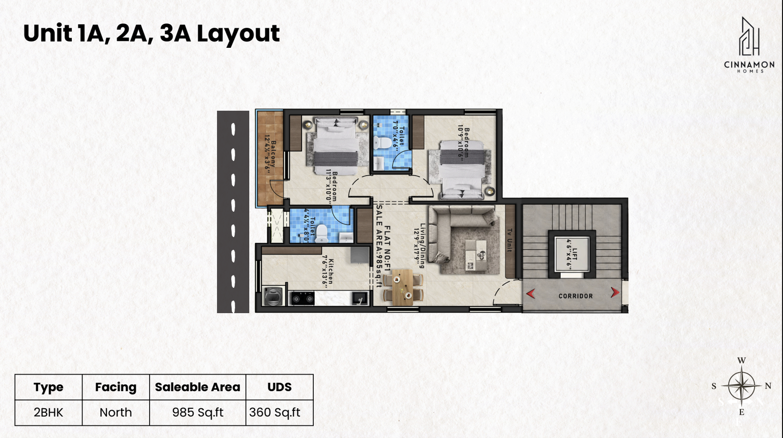 Unit 1A, 2A, 3A — 2 BHK floor plan — Bloom
