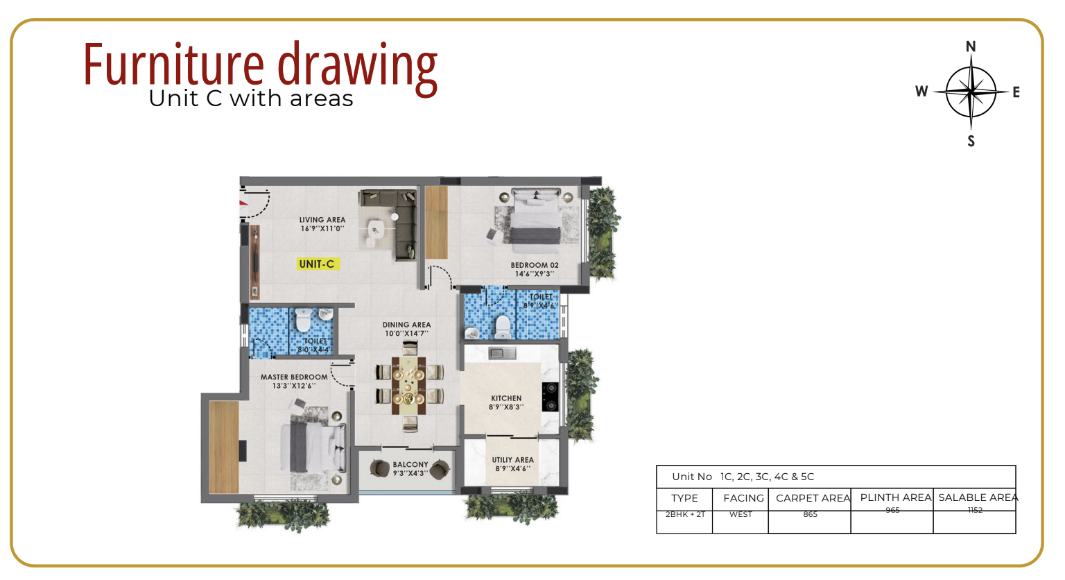 Unit C — 2 BHK + 2T floor plan — Blossom