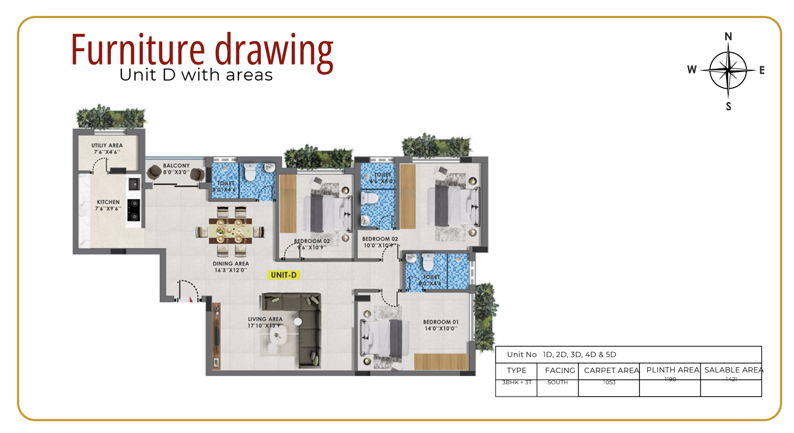 Unit D — 3 BHK + 3T floor plan — Blossom