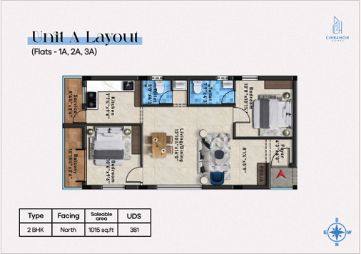 Unit A — 2 BHK (Flats 1A, 2A, 3A) floor plan — Bliss