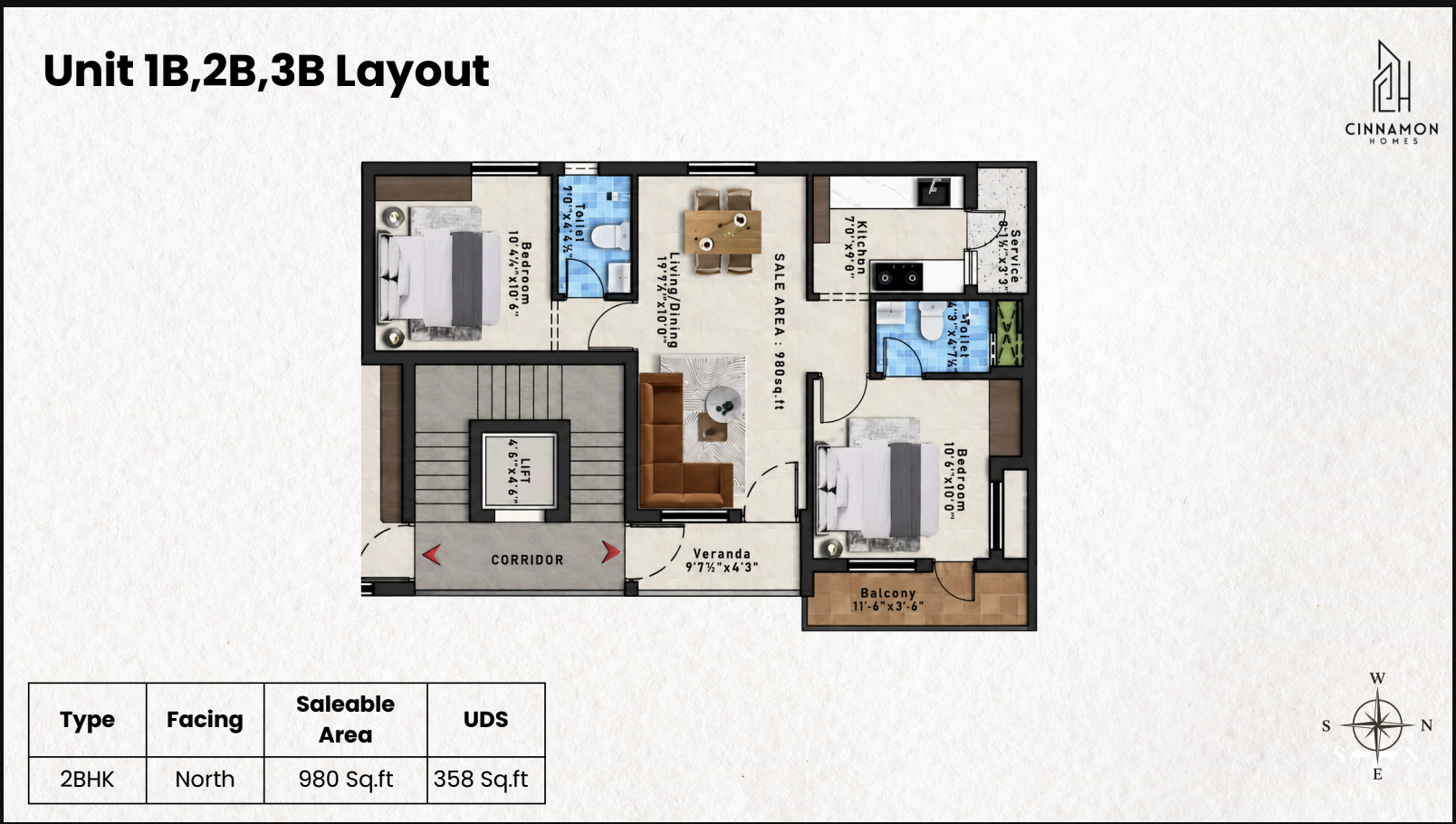 Unit 1B, 2B, 3B 2 BHK layout — 980 sq ft