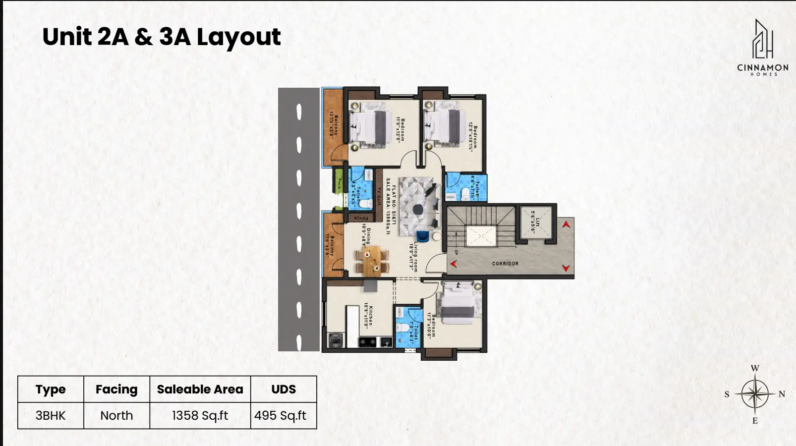 Unit 2A & 3A — 3 BHK floor plan — Bloom