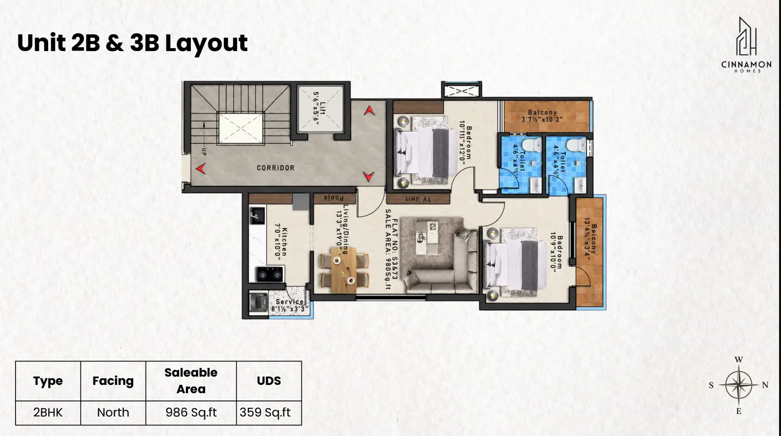 Unit 2B & 3B — 2 BHK floor plan — Bloom