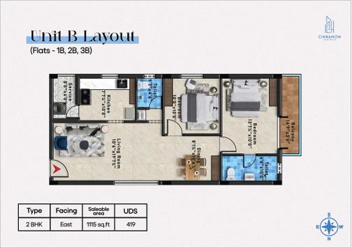 Unit B — 2 BHK (Flats 1B, 2B, 3B) floor plan — Bliss